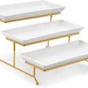 MALACASA 3 Tier Serving Trays for Party, 14 Inch Porcelain White Trays for Serving Food, Dessert Stand with Collapsible Gold Metal Rack