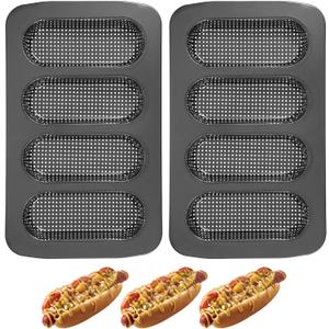 2 Pcs Hot Dog Bun Pan, 4 Cavity Perforated Carbon Steel Bread Loaf Pan, Nonstick & Heat Resistant for Homemade Buns, Mini Baguettes & Sandwich Baking, Bun Rolls, Dishwasher Safe (PFOA-FREE)