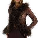Mandonce Mesh Long Sleeve Tops Faux Fur Fuzzy Top Open Front Sexy Party Tops Going Out Y2k Shirts for Women (Small, Leopard)