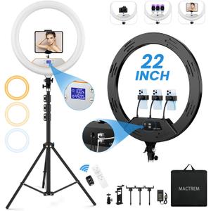 22'' Ring Light with 75'' Tripod Stand, LED Display/2 USB Ports/6500K Dimmable Ring Light for iPad Phone Holder for Tattoo Lash Live Makeup Video Recording TikTok Barber Stylist Photography (Black)