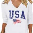 Womens 3/4 V Neck Sleeve American Flag Shirts 4th of July Summer Shirts Graphic Tops (Medium, White)