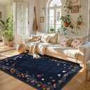 Beeiva Floral 8x10  Rug for Living Room, Soft Washable Area Rug Non-Slip Boho Room Carpet, Ultra-Thin Distressed Carpet for Bedroom Office Dorm Border (Navy, 8'x10' )