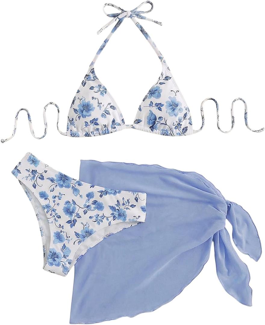 SHENHE Women's 3 Piece Polka Dots Floral Bikini Set with Wrap Coverup Halter Triangle Swimsuits, XS
