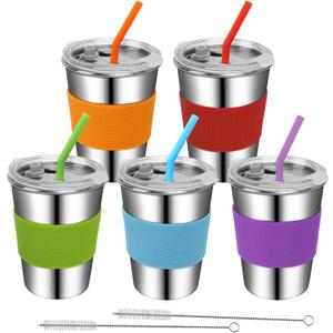 Toddler Cups with Straws, 18/8 Stainless Steel Children Smoothie Drinking Sippy Cups, Stacking & Reusable Kids Cups with Straws and Lids, 5 Pack, 12oz (Red/Orange/Green/Blue/Purple)