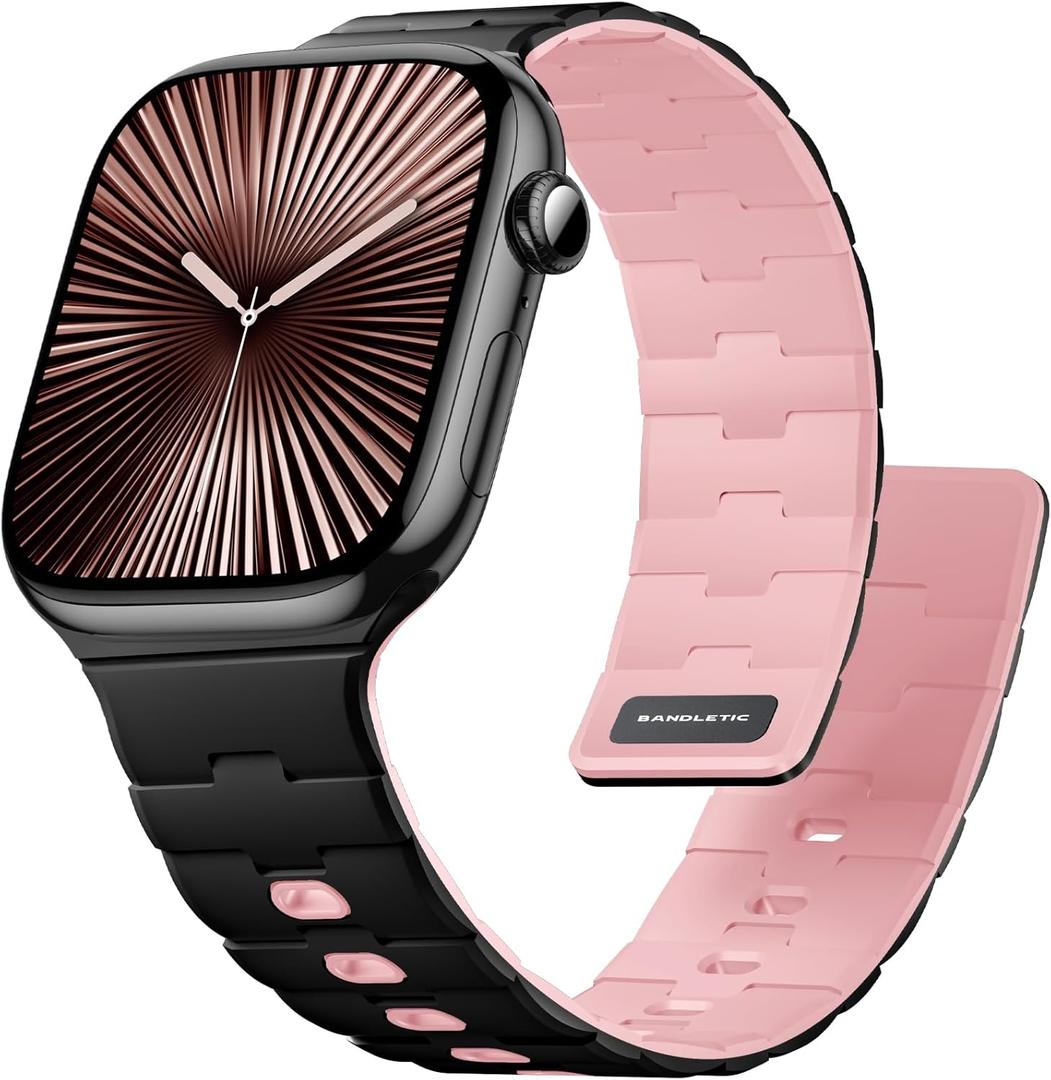 Bandletic Magnetic Silicone Watchband Compatible with Apple Watch Band 44mm 45mm 46mm 49mm 42mm 41mm 40mm 38mm Men Women, Strong Magnet Sport Strap for iWatch Series 11 10 9 8 7 6 5 4 Ultra SE 3 2 1 (Black/Pink)