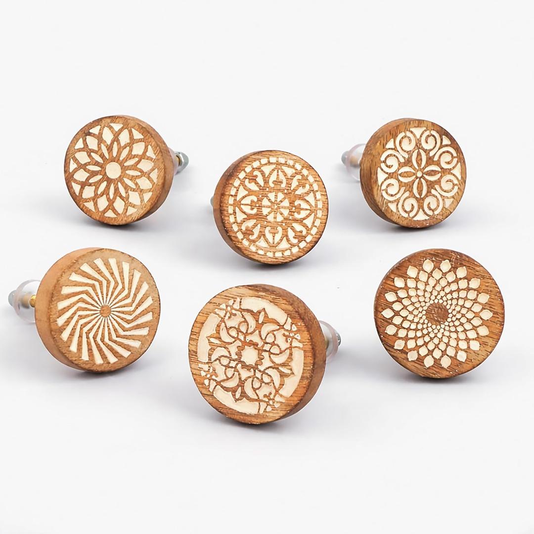 IndianShelf 18 Pack- Boho Knobs- Wood Knobs for Cabinets and Drawers- Natural Wooden Dresser Knob- Wooden Knob- Unique Wood Drawer Pulls- Drawer Pulls- Cabinet Door Handles (Floral Brown)