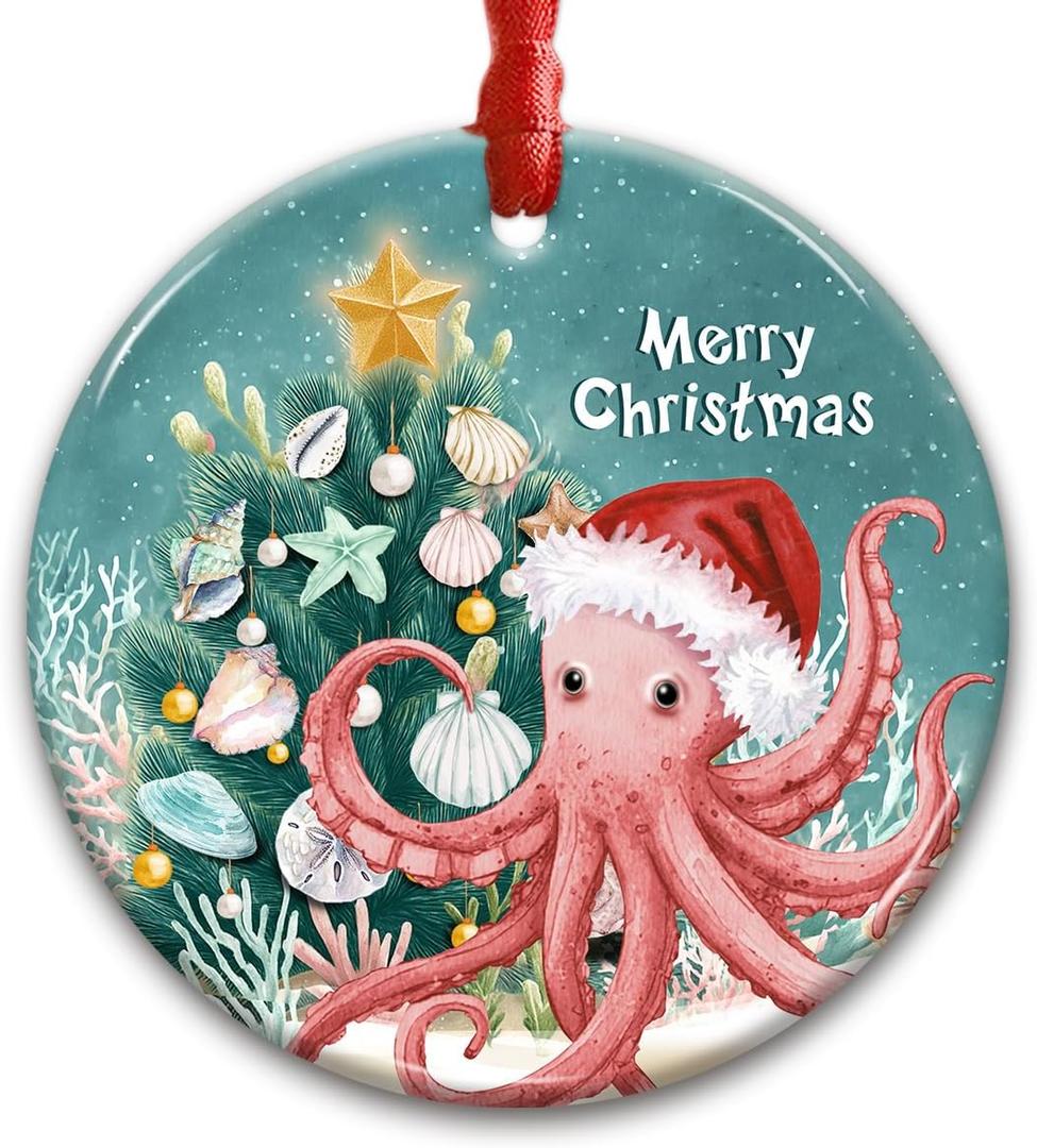 Octopus Ornament 2025 - Funny Santa Octopus Christmas Tree Decoration, Cute Sea Animal Xmas Gift for Ocean and Marine Life Lovers