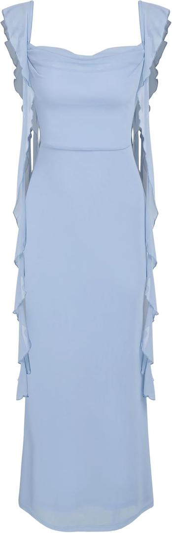 CIDER Formal Dresses for Women Wedding Guest Dresses Summer Maxi Dress Sleeveless Mesh Ruffle Cocktail Dress Elegant Outfits (Blue, L)