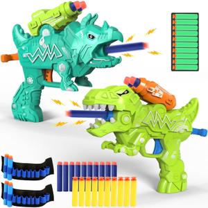 Dinosaur Toy Guns for Toddlers 3-8 Years Old, Idea Gift for Boys Birthday Valentines Easter Christmas Stocking Stuffers, Dino Blaster for Kids with 30 Foam Darts Compatible with Nerf, 2 Pack (Green)