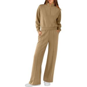 RUBZOOF Lounge Sets for Women 2 Piece Sweatsuits Fall Outfits Half Zip Sweatshirt Wide Leg Sweatpants Matching Clothing Set (XX-Large, 07-khaki)