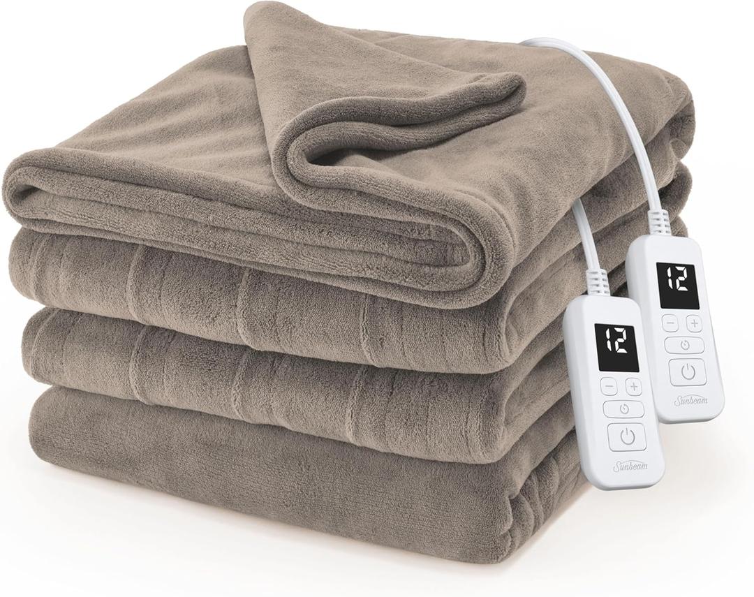 Sunbeam Electric Royal Luxe Microplush Heated Blanket, 12 Heat Settings, 12-Hour Auto Shut-Off, Fast Heating, Warm & Cozy, Machine Washable, Mushroom Color, Queen (90" x 84")