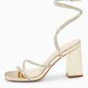 Coutgo Womens Lace Up Chunky Heels Rhinestone Sandals Square Open Toe High Block Heeled Wedding Dress Shoes, Gold, Size 6.5