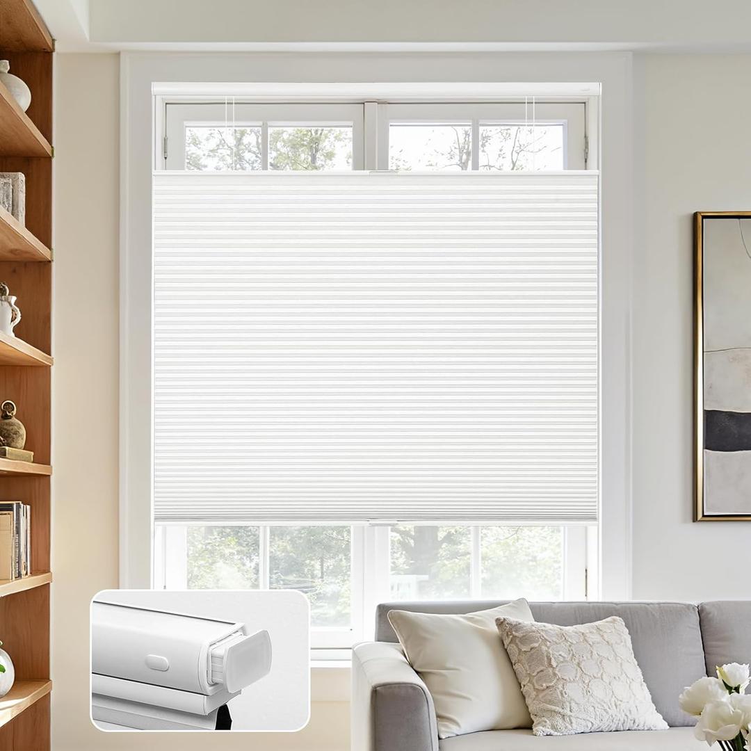 Joydeco No Tools No Drill Blinds for Indoor Windows, Cordless Window Blinds Cellular Shades Top Down Bottom Up Blackout Honeycomb Blinds Thermal Insulated Noise Reduction (White, 76" W x 96" H)