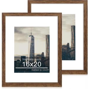 16x20 Poster Frame Set of 2, 16 x 20 Wood Picture Frames with Mat for 11x14, Wooden Photo Frame with Tempered Glass Cover for Wall Mounting Display, Rustic Brown