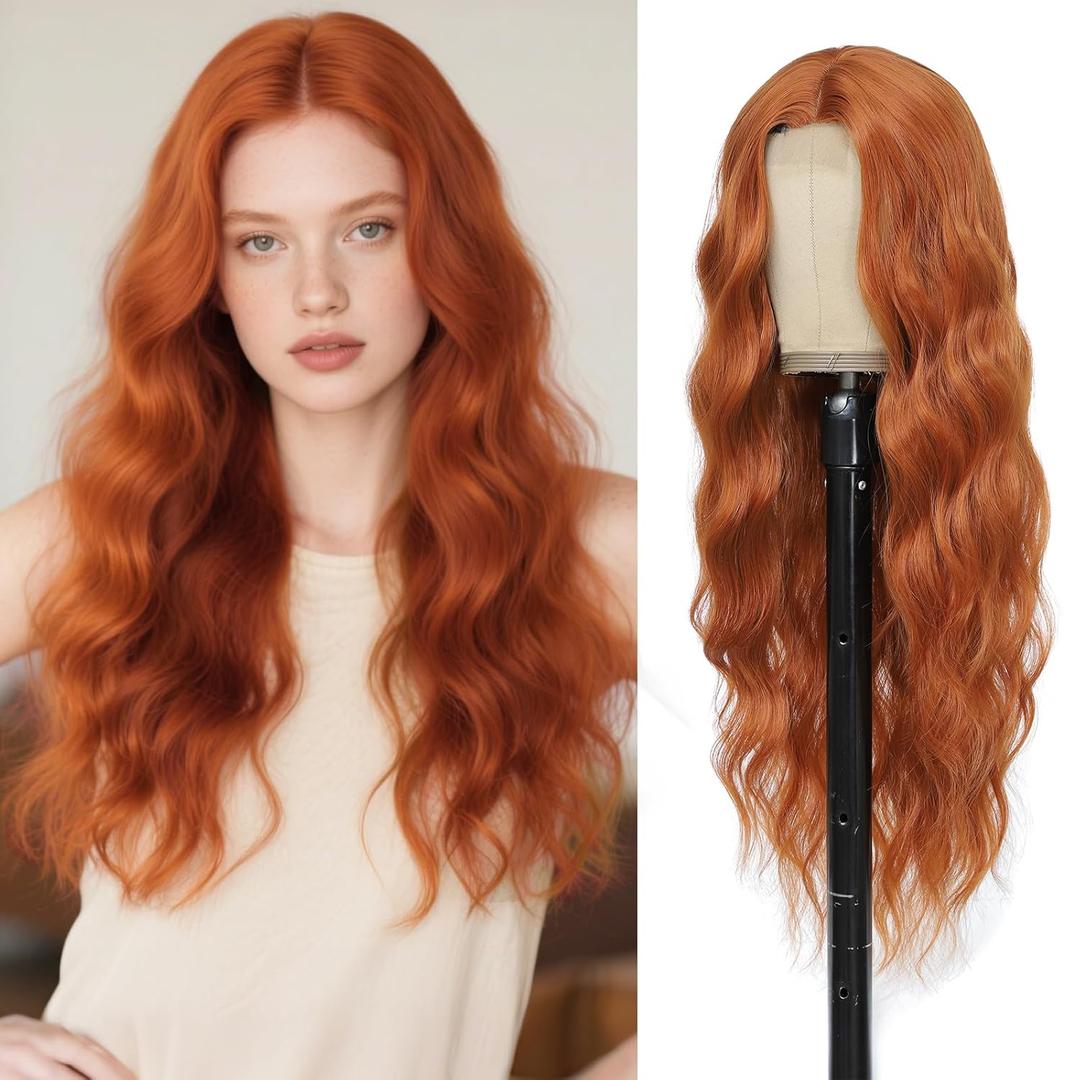 Copper Red Ginger Wig 26 Inch Long Wavy Wigs for Women - Auburn Wig Heat Resistant Synthetic Hair Middle Part Curly Wig Natural Look for Daily Party Cosplay Costume Use
