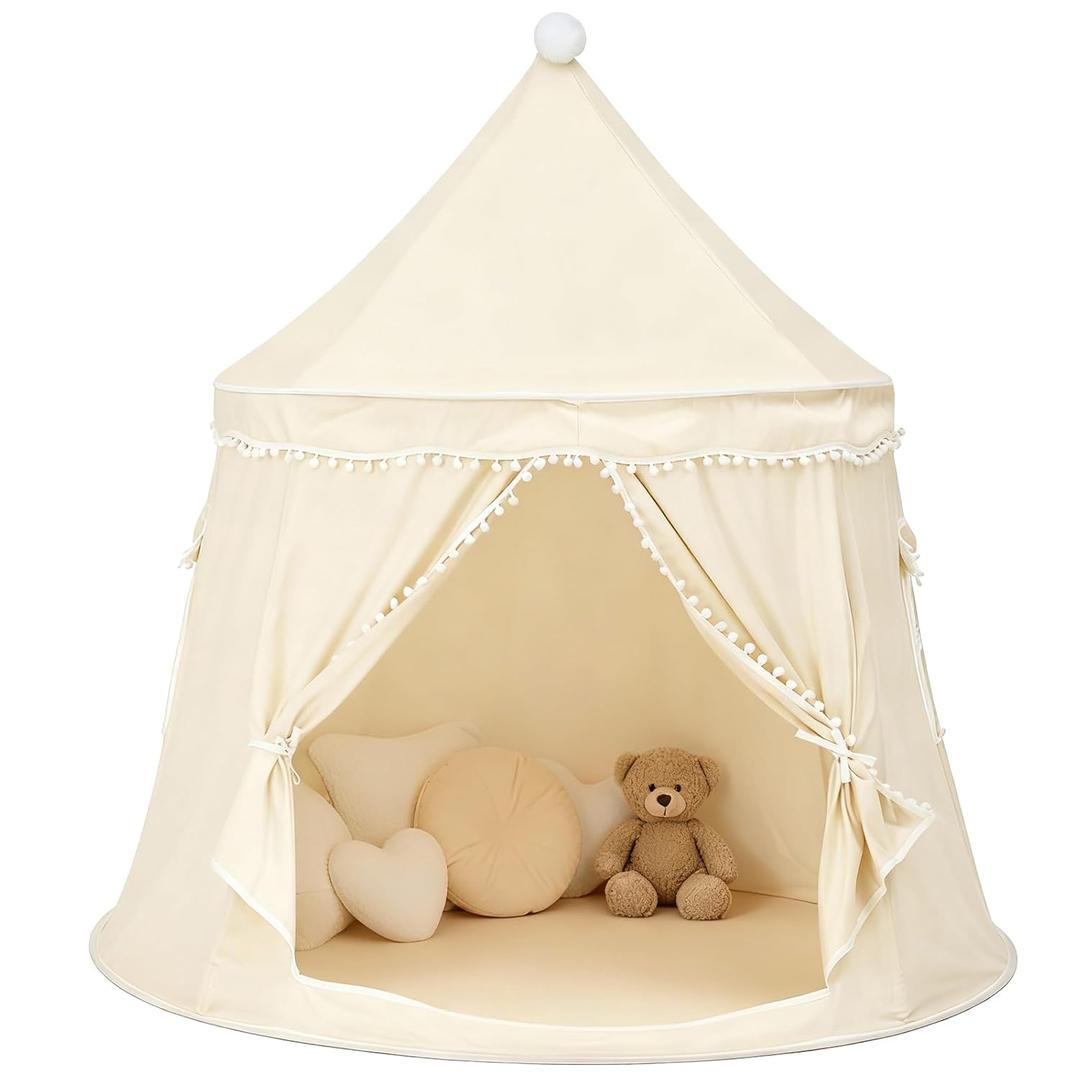 Play Tent, Large Playhouse Kids Castle Play Tents with Carry Bag, Indoor Outdoor Game Tent, Portable Children Yurt Tents, Birthday Gift for Boys & Girls, 47''x45'', Cream