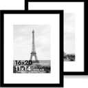 iRahmen 16x20 Picture Frame Set of 2 with Plexiglass, Black Poster Frame Display 11x14 Picture with Mat or 16 x 20 Without Mat, Wood Photo Frame for Horizontal or Vertical Wall Mounting