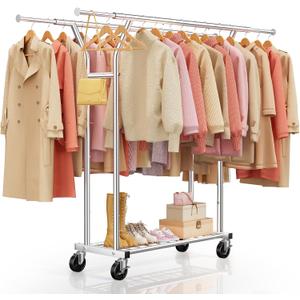 Heavy Duty Clothes Rack - Load 620 LBS, Rolling Clothing Rack for Hanging Clothes with Lockable Wheels & Shelves, Extendable Double Rod Garment Rack for Bedroom, Laundry, Living Room, Silver
