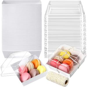Ctosree 100 Pcs Paper Charcuterie Boxes with Clear Lids 4.5 Inches Disposable Cake Square Dessert Container Bakery Boxes Bundle with Rope for Food Cake Slice Cookie Sandwich Dessert(White)