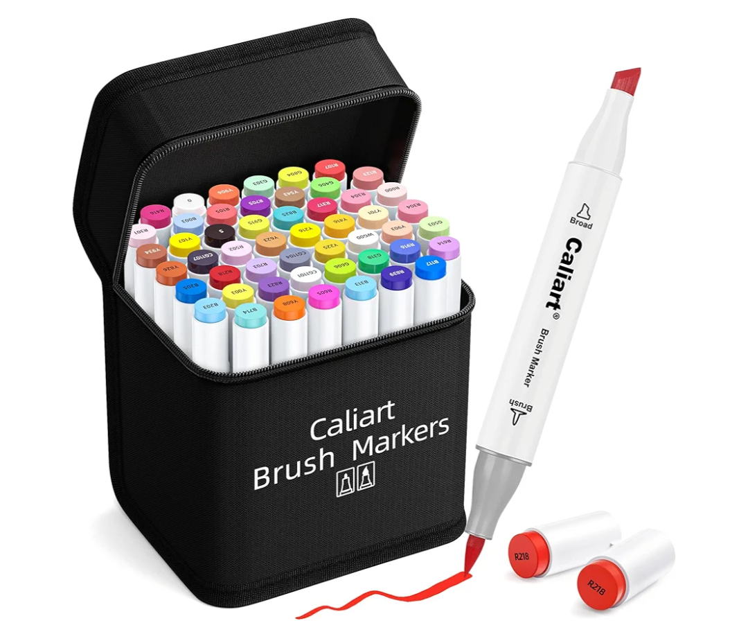 Caliart Markers Brush Tip, 51 Colors Dual Tip Artists Coloring Markers Set Brush & Chisel, Permanent Based Colored Sketch Pens, Art Supplies Gifts for Adults Drawing Illustration