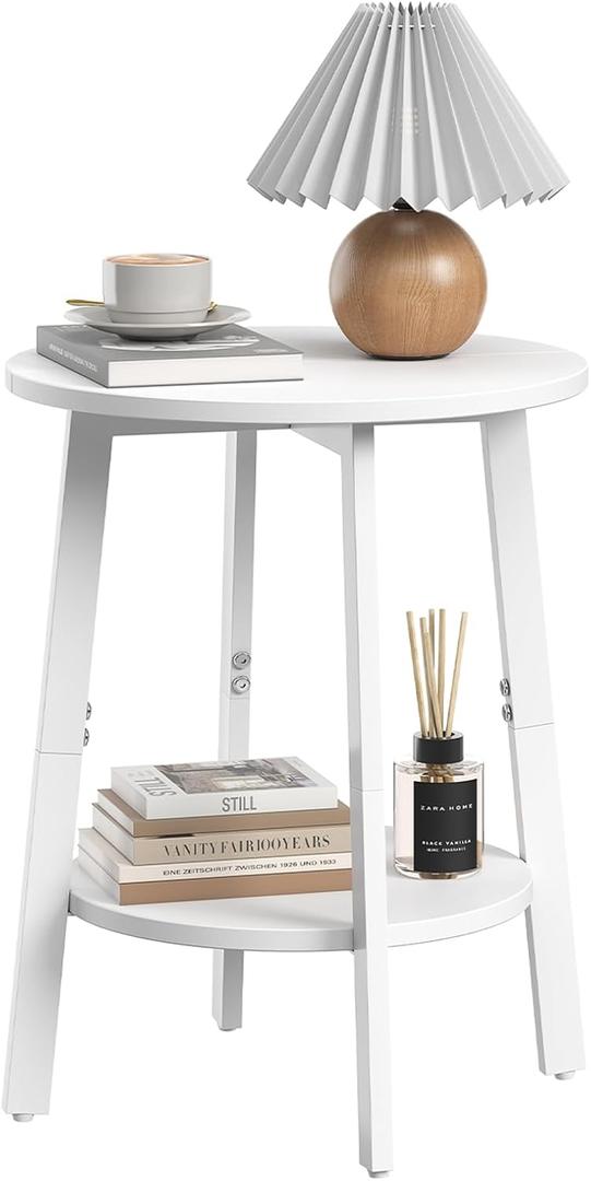 sthmec Side Table, Small Round End Table with Storage Shelf for Small Space, 2-Tier Small Bedside Table Sofa Couch Table, Round Accent Table Nighstands for Living Room, Bedroom, White
