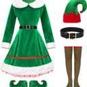 KASBAH 5 Pack Christmas Elf Costume Set Holiday Elf Cosplay Velvet Dress Xmas Outfit For Party With Hat Shoes Strap Socks (XX-Large, Green)