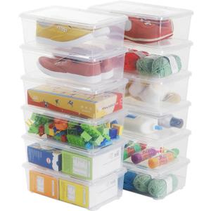 6 Quart Stackable Plastic Storage Shoebox, BPA-Free Nestable Container with Latching Lid to Organize, See-Through Box for Home and Office, Multi-Purpose Clear Bins (Transparent, 12 Pack)
