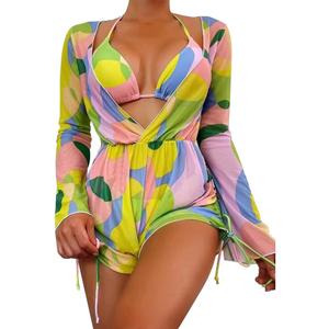 ODASDO Women's Sexy 3 Piece Swimsuits Halter Triangle Bikini Sets with Long Sleeve Mesh Cover Ups Romper Bathing Suits (S)