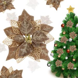 Jim's Cabin Artificial Flowers Pack of 12 Glitter Poinsettias for Christmas Tree Ornaments Butterfly Christmas Gold Decorations (Gold Brown)
