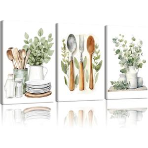 Doqueodas 3pcs Sage Green Kitchen Canvas Framed Wall Art Plant Farmhouse Style Utensils Images, Green Plant Minimalist Poster Print Suitable for Restaurant and Living Room Wall Decor 12x16 inch (Plant-based tableware)