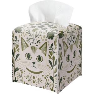 Cat Tissue Box Holder, Sage Green Floral Leather Tissue Box Cover Square, Paper Napkins Everyday Dispenser Accessories for Bathroom Vanity Countertop Night Stands Kitchen Office Home Decor