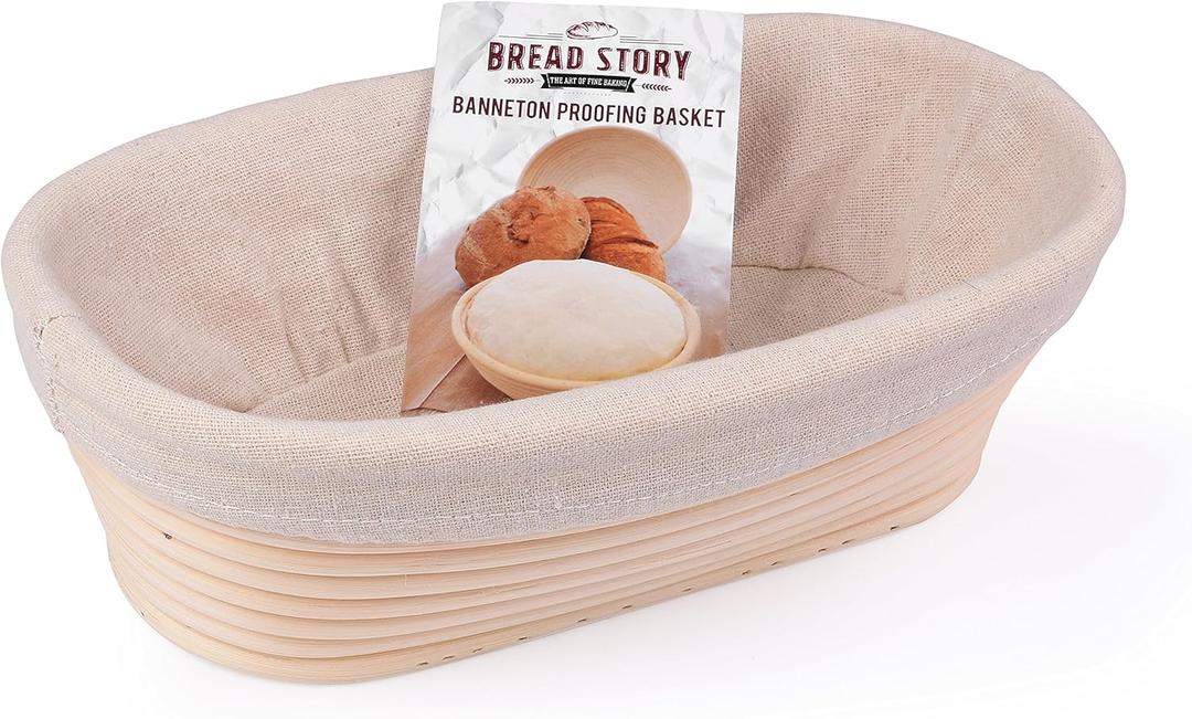 (10x6 inch) Oval Proofing Basket Set by Bread Story Oval Brotform Handmade Unbleached Natural Cane Bread Baking Kit with Cloth Liner Bread Baking e-book Course