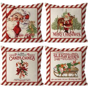 GAGEC Merry Christmas Throw Pillow Covers Candy Canes Elk Santa Claus Sleigh Rides Winter Outdoor Decorations Pillowcase Home Decor 18 x 18 Inch Living Room Cushion Case for Sofa Couch Set of 4