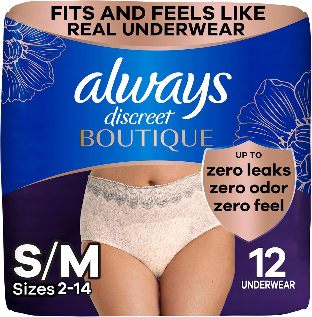 Always Discreet Boutique Incontinence and Postpartum Underwear for Women, Maximum Protection, Small/Medium, Rosy, 12 Count
