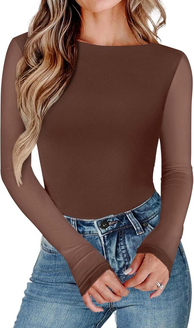 Avidlove Women Long Sleeve Body Suits Mesh Boat Neck Shapewear Bodysuit Crew Neck Leotards Going Out Tops Fall Outfits (Large, Brown)