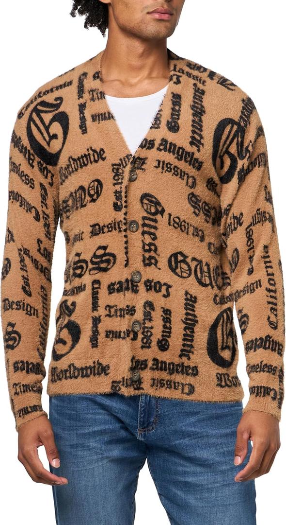 GUESS Men's Eby Gothic Jacquard Cardigan Sweater (Medium, Coconut Latte)