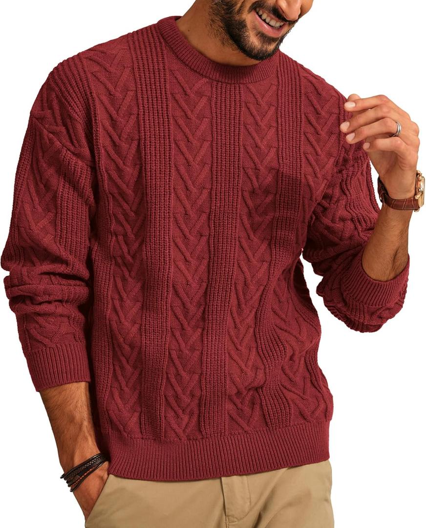 PJ PAUL JONES Mens Crewneck Sweater Casual Cable Knit Pullover Sweater Drop Shoulder Solid Knitted Sweaters (Large, Red)