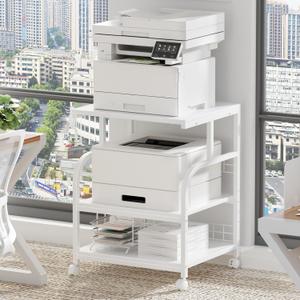 Lerliuo Large Printer Stand with Storage, 23.6"W x 18.9"D x 30.2"H, 5-Adjustable Shelf Heights Mobile 3 Tier Table with Lockable Wheels, Industrial Rolling Printer Cart, White Stands for Home Office