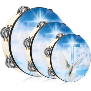 3 Pcs Dove Tambourines for Adults Church Christian Dance Tambourine Double Row Jingle Bible Hand Bell Clap Drum for Church Pray Party Percussion Musical Instrument (Mixed Size, Blue)