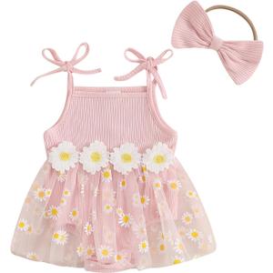 Baby Girl Clothes Daisy Ribbed Bodysuit Sleeveless Romper Dress Summer Outfit for Girls 12 18 Months (Pink)