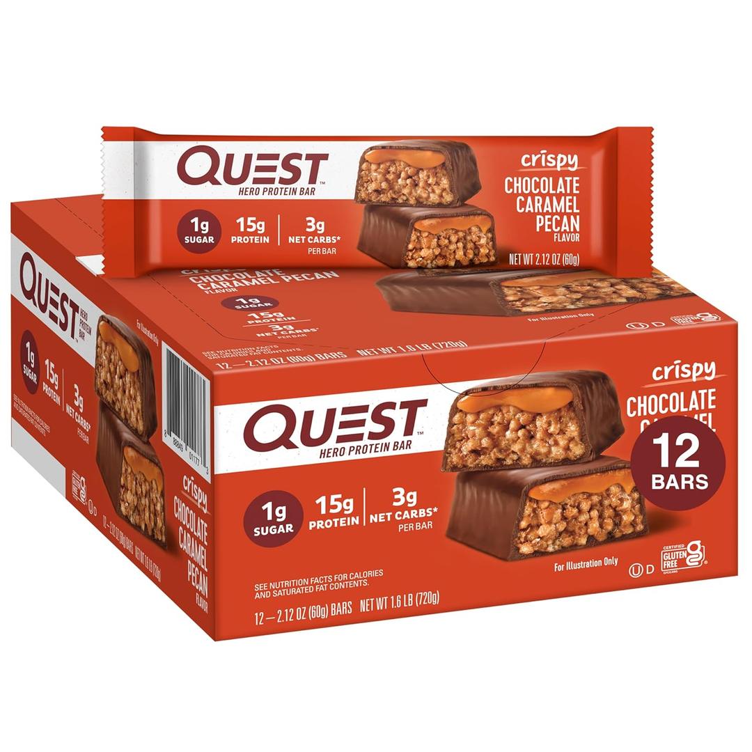 Quest Nutrition Crispy Chocolate Caramel Pecan Hero Protein Bar, 15g Protein, 1g Sugar, 3g Net Carb, Gluten Free Protein Snack, Keto Friendly, 12 Count, Best By 03/24/26