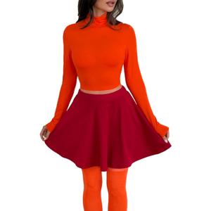 Laqeyko Womens Basic Mock Neck Slim Fitted Long Sleeve Turtleneck Pullover Crop Tee Top with Red Skirt and Orange Socks (Medium)
