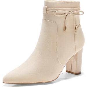 Coutgo Womens Pointed Toe Ankle Boots Chunky Block Heel Tie Knot Side Zipper Dressy Booties (9, Beige)