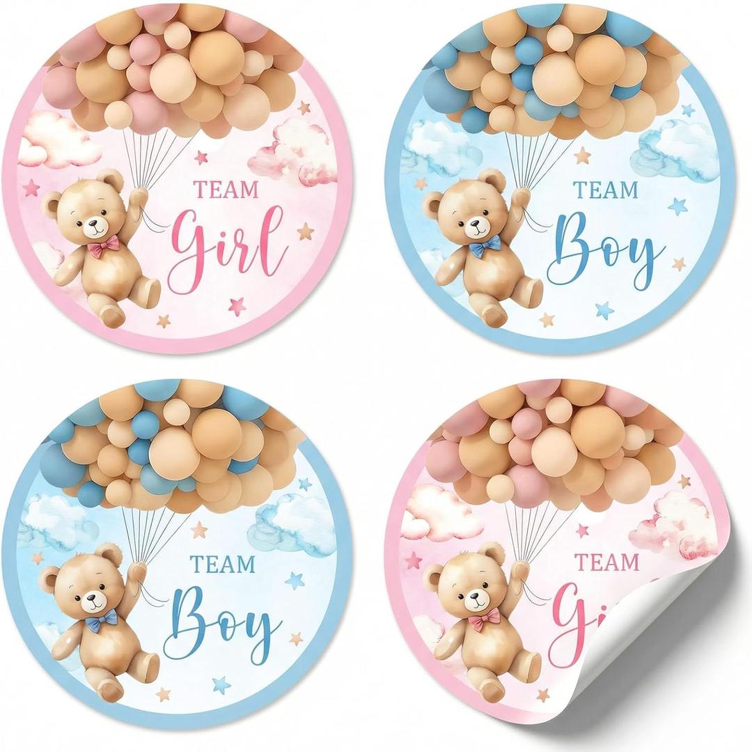 100pcs Bear Gender Reveal Stickers, 2" Bear Balloons Gender Reveal Decorations, Baby Shower Party Supplies
