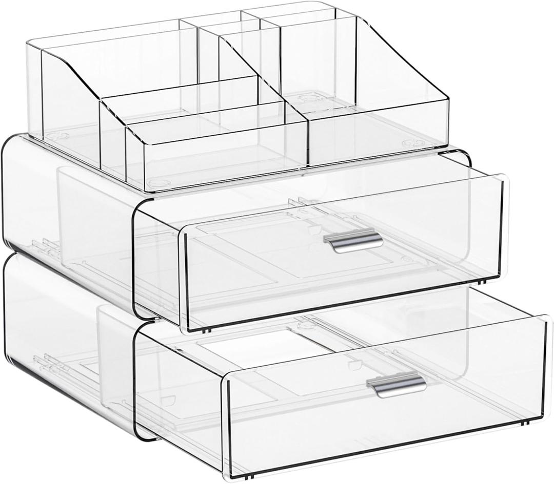Yieach 3 Tier Clear Acrylic Makeup Organizers with 2 Drawers, Desktop Tiered Makeup Holder and Make up Organizers for Counter, Vanity, Bathroom and Dresser, Plastic Make up Stand for Beauty, Brush, Skincare