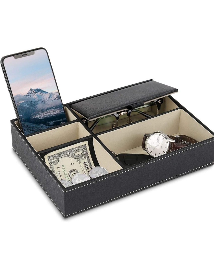 Mens Valet Tray Organizer, Mens Jewelry Box, Nightstand Organizer with 5 Compartments, Dresser Faux Leather Storage Box for Wallet, Phone, Keys (Black)