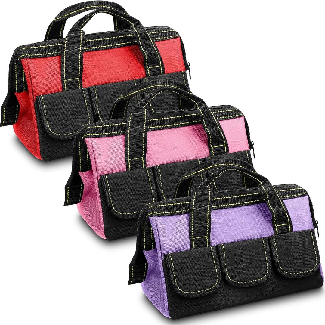 Sanwuta 3 Pack Tool Bag for Men with Waterproof Hard Bottom, Heavy Duty Tool Bag Wide Mouth Tote for Various Instrument, Electrician Carpenter Mechanic(Red, Pink, Light Purple,13 Inch,Classic)