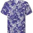 Cromoncent Boys' Funky Cuban Collar Shirt, Breathable Button-Up Summer Beach Shirt for Vacation, Palm Leaf Purple, 5-6Y