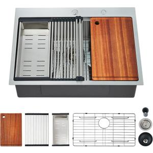 EcoChannels 25 x 22 x 9 Inch Kitchen Sink, Drop In Stainless Steel Single Bowl Workstation Sink,with Cutting Board,for Kitchen, Laundry, Utility Room