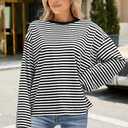 Womens Oversized Striped Long Sleeve Shirt Crewneck Sweatshirt Color Block Loose Pullover Top Teen Girl Y2K Clothes (Black, M)